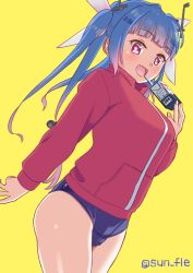 Rule 34 | 1girl, blue hair, blue one-piece swimsuit, breasts, gradient hair, hair ribbon, highres, i-19 (kancolle), jacket, kantai collection, large breasts, long hair, long sleeves, multicolored hair, one-piece swimsuit, pink hair, red eyes, red jacket, ribbon, school swimsuit, simple background, solo, star-shaped pupils, star (symbol), sun fle, swimsuit, swimsuit under clothes, symbol-shaped pupils, tri tails, yellow background