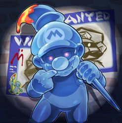 Rule 34 | 1boy, annoyed, blue hat, facial hair, hat, hoshi (star-name2000), looking at viewer, mario (series), middle finger, mustache, nintendo, paintbrush, red eyes, shadow mario, solo, standing, super mario sunshine, wall, wanted poster