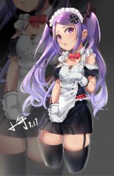 Rule 34 | 1girl, apron, bare shoulders, black shirt, black skirt, black thighhighs, bow, breasts, cleavage, collar, collarbone, commentary request, cropped legs, detached collar, frilled apron, frills, garter straps, gloves, grey background, hair ornament, hand up, highres, long hair, looking at viewer, maid headdress, parted lips, pleated skirt, puffy short sleeves, puffy sleeves, purple eyes, purple hair, red bow, shirt, short sleeves, skindentation, skirt, small breasts, solo, teeth, thighhighs, twintails, upper teeth only, very long hair, virtual dimension project, virtual youtuber, white apron, white collar, white gloves, wing collar, xiao tao, xiaoyu, zoom layer