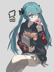 Rule 34 | 1girl, bag, blue eyes, bow, clothes writing, commentary request, crossed legs, doughnut, eating, food, grey background, grey thighhighs, hair between eyes, hair bow, hatsune miku, highres, holding, holding bag, hood, hoodie, invisible chair, jacket, long hair, long sleeves, pleated skirt, simple background, sitting, skirt, solo, tachibana wataru (123tsuki), thighhighs, twintails, very long hair, vocaloid, white skirt