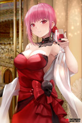 Rule 34 | 1girl, black nails, blush, breasts, cleavage, cup, detached sleeves, dress, drinking glass, earrings, flower, hair flower, hair ornament, hand up, holding, holding cup, hololive, hololive english, indoors, jewelry, large breasts, long hair, looking at viewer, mori calliope, mori calliope (party dress), mujinbensin, nail polish, parted lips, pink hair, red dress, red eyes, red flower, red rose, rose, shawl, smile, solo, standing, strapless, strapless dress, virtual youtuber