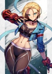 Rule 34 | 1girl, blonde hair, blue eyes, blue jacket, breasts, cammy white, choker, collarbone, commentary request, cropped jacket, facial scar, fighting stance, fingerless gloves, gloves, highres, jacket, kuroi susumu, looking at viewer, medium breasts, midriff, navel, official alternate hair length, official alternate hairstyle, pants, parted lips, scar, scar on cheek, scar on face, short hair, solo, spandex, sports bra, street fighter, street fighter 6, thick thighs, thighs, toned, wide hips, yoga pants