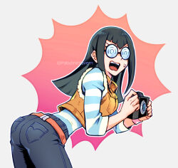 Rule 34 | 1girl, ass, black hair, camera, carly nagisa, coke-bottle glasses, cropped jacket, glasses, holding, holding camera, izapara, long hair, looking at viewer, pants, round eyewear, shirt, solo, striped clothes, striped shirt, sweatdrop, teeth, twitter username, upper teeth only, wavy mouth, yu-gi-oh!, yu-gi-oh! 5d&#039;s