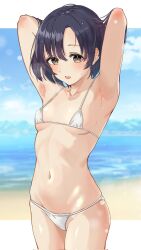 Rule 34 | 1girl, armpits, arms behind head, arms up, beach, bikini, blue sky, blurry, blurry background, blush, breasts, brown eyes, cloud, collarbone, commentary request, corrupted twitter file, cowboy shot, day, hair between eyes, highres, idolmaster, idolmaster cinderella girls, lens flare, letterboxed, looking at viewer, micro bikini, nagi (shunsuke-manage), navel, open mouth, outdoors, outside border, purple hair, shiragiku hotaru, short hair, skindentation, sky, small breasts, smile, solo, standing, stomach, swimsuit, white bikini