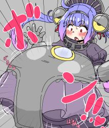 Rule 34 | 1girl, absurdres, blush, breast expansion, breasts, female focus, gigantic breasts, grey background, headgear, highres, long hair, motion lines, nishiki (artist), open mouth, pale skin, purple hair, red eyes, sevenger, solo, twintails, ultra kaijuu gijinka keikaku, ultra series
