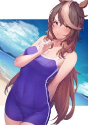 Rule 34 | 1girl, :t, amagimei, arm behind back, beach, blush, breasts, brown hair, cleavage, collarbone, commentary, covered navel, cowboy shot, dutch angle, groin, hair between eyes, hand up, highres, horse tail, long hair, looking at viewer, medium breasts, multicolored hair, one-piece swimsuit, purple eyes, purple one-piece swimsuit, purple shorts, shorts, solo, streaked hair, swimsuit, symboli rudolf (umamusume), tail, two-tone hair, umamusume, very long hair