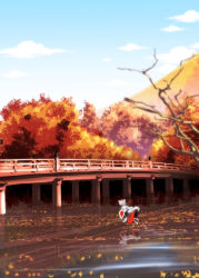 Rule 34 | 1girl, animal ears, autumn leaves, blue sky, bridge, cloud, day, detached sleeves, forest, hat, highres, inubashiri momiji, nature, reflection, river, satou yuuki, shield, shirt, silver hair, skirt, sky, solo, sword, tail, tokin hat, touhou, waves, weapon, wolf ears, wolf tail