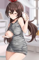 Rule 34 | 1girl, ;o, absurdres, amber (genshin impact), bed, bedroom, blurry, blurry background, bottle, breast lift, breasts, brown hair, covered navel, dress, genshin impact, hair between eyes, hair intakes, hair ribbon, hands up, highres, holding, holding bottle, indoors, lactation, long hair, looking at viewer, medium breasts, milk, milk bottle, nipples, nursing clothes, one breast out, one eye closed, parted lips, red ribbon, ribbon, shengtian, short dress, sleeveless, sleeveless dress, solo, striped clothes, striped dress, yellow eyes