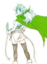 Rule 34 | 1girl, alternate costume, ass, cape, commentary request, curly hair, dragon quest, dragon quest vii, gloves, long hair, maribel (dq7), mayakaek, ponytail, smile, solo, spot color, thighhighs, whip