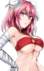 Rule 34 | 1girl, alternate costume, armpits, bandages, bandaged arm, bandages, bandeau, bikini, breasts, bun cover, cleavage, double bun, hair bun, hand on own hip, highres, ibaraki kasen, large breasts, looking at viewer, navel, o-ring, o-ring bikini, one-hour drawing challenge, parted lips, pink eyes, pink hair, red bikini, short hair, solo, stomach, swimsuit, touhou, underboob, upper body, white background, y2