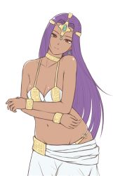 Rule 34 | 1girl, absurdres, bad id, bad pixiv id, bikini, breasts, brown eyes, cleavage, collarbone, commentary request, cowboy shot, dark-skinned female, dark skin, dragon quest, dragon quest iv, earrings, headgear, highres, jewelry, light smile, long hair, looking at viewer, medium breasts, mil k vanilla, minea (dq4), navel, purple hair, sarong, solo, swimsuit, very long hair, white background, white bikini, white sarong