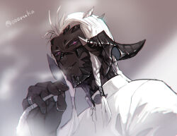 Rule 34 | 1boy, artist name, au ra, black horns, braid, brown background, colored sclera, commentary request, dark-skinned male, dark skin, final fantasy, final fantasy xiv, grey sclera, hand up, highres, holding, horns, jewelry, karuo (oooruka cr), long hair, looking at viewer, low horns, male focus, multiple braids, multiple horns, multiple rings, pink eyes, ring, smoke, smoking, twitter username, upper body, warrior of light (ff14), white hair