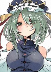 Rule 34 | 1girl, bare shoulders, blue hat, blue vest, blush, breasts, closed mouth, deal360acv, detached sleeves, frilled hat, frills, green eyes, green hair, hat, highres, large breasts, looking at viewer, medium hair, shiki eiki, simple background, solo, touhou, upper body, vest, white background, white sleeves