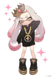 Rule 34 | 1girl, alternate hair length, alternate hairstyle, arm at side, black footwear, black hoodie, blonde hair, blush, chain, chain necklace, closed mouth, commentary, crown, embarrassed, film grain, full body, gem, gradient hair, half-closed eye, hand up, highres, hood, hood down, hoodie, inkling, jewelry, long hair, mole, mole under mouth, multicolored hair, necklace, nintendo, pearl (splatoon), pink gemstone, pink hair, pointy ears, puchiman, signature, solo, sparkle, splatoon (series), splatoon 2, star-shaped pupils, star (symbol), suction cups, sweat, symbol-only commentary, symbol-shaped pupils, tentacle hair, thick eyebrows, tilted headwear, two-tone hair, very long hair, white background, yellow eyes