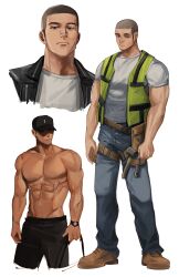 Rule 34 | 1boy, abs, absurdres, bag, bandaid, bandaid on face, bandaid on nose, bara, baseball cap, biceps, black hair, black headwear, black jacket, black shorts, boots, brk 603, brown footwear, buzz cut, cropped legs, cropped shoulders, denim, facial hair, facial scar, full body, hammer, hat, high-visibility vest, highres, jacket, jeans, large pectorals, leather, leather jacket, male focus, multiple views, muscular, muscular male, open clothes, open jacket, original, pants, pectorals, scar, scar on cheek, scar on face, shirt, short hair, shorts, sideburns, simple background, stubble, tool belt, tools, topless male, very short hair, vest, watch, white background, white shirt, wristwatch