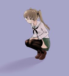 Rule 34 | 10s, 1girl, absurdres, aomushi (mushamusha), black neckerchief, black ribbon, black thighhighs, blouse, blue background, brown eyes, brown footwear, brown hair, female focus, from side, full body, girls und panzer, green skirt, hair ribbon, hands on own thighs, highres, loafers, long hair, long sleeves, looking to the side, miniskirt, neckerchief, ooarai school uniform, oono aya, parted lips, pleated skirt, ribbon, round eyewear, school uniform, serafuku, shadow, shirt, shoes, simple background, skirt, solo, squatting, thighhighs, twintails, white shirt