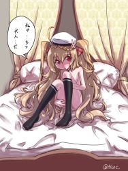 Rule 34 | 1girl, :o, ahoge, azur lane, bed, beret, blonde hair, blush, breasts, covering privates, covering breasts, crescent (azur lane), curtains, hair ornament, hat, highres, long hair, looking at viewer, nude, pillow, red eyes, small breasts, solo, tao (kadoya), thighhighs, translated