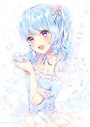 Rule 34 | 1girl, absurdres, bad id, bad pixiv id, bang dream!, bare shoulders, blue hair, blue shirt, blush, commentary request, cupping hands, flower, frilled sleeves, frills, from side, green ribbon, hair flower, hair ornament, hair ribbon, highres, long hair, looking at viewer, matsubara kanon, one side up, own hands together, petals, pink flower, purple eyes, ribbon, shirt, short sleeves, skirt, sleeve ribbon, solo, taya oco, teardrop, upper body, water drop, white skirt