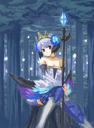 Rule 34 | 1girl, armor, armored dress, blue background, dress, gwendolyn (odin sphere), multicolored wings, odin sphere, regu (reg95), solo, strapless, strapless dress, wings