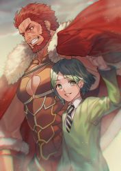 Rule 34 | 2boys, bad id, bad pixiv id, beard, cape, facial hair, fate/zero, fate (series), fur trim, green eyes, green hair, grin, highres, iroha (akei0710), iskandar (fate), looking at viewer, male focus, manly, multiple boys, necktie, outdoors, red cape, red eyes, red hair, shared cape, shared clothes, shirt, short hair, side-by-side, smile, striped, striped neckwear, sweater, upper body, waver velvet, white shirt