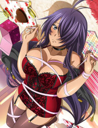 Rule 34 | 1girl, antenna hair, black collar, black garter straps, black ribbon, breasts, brown thighhighs, cleavage, closed mouth, collar, collarbone, dress, frown, garter straps, grey eyes, hair over one eye, ikkitousen, kan&#039;u unchou, large breasts, long hair, looking at viewer, lying, on back, pink ribbon, purple hair, red dress, ribbon, shiny clothes, shiny legwear, shiny skin, short dress, sleeveless, sleeveless dress, solo, thighhighs, very long hair