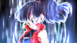 Rule 34 | 1girl, aura, bare shoulders, black hair, breasts, closed mouth, dragon ball, dragon ball heroes, grey eyes, note (dragon ball), ponytail, rom (20), serious, solo, ultra instinct, upper body
