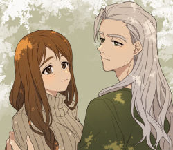 Rule 34 | 1boy, 1girl, brown eyes, brown hair, brown sweater, closed mouth, dan blackmore, eye contact, fate (series), freckles, green shirt, grey hair, karokuchitose, light smile, long hair, looking at another, ribbed sweater, shirt, sweater, thick eyebrows, turtleneck, turtleneck sweater, upper body