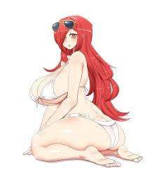 Rule 34 | 1girl, ass, barefoot, bikini, breasts, butt crack, eyewear on head, front-tie bikini top, front-tie top, hair over one eye, highres, kneeling, large breasts, long hair, looking at viewer, looking back, mannungei, orange eyes, parasoul (skullgirls), red hair, skullgirls, slit pupils, solo, swimsuit, thick thighs, thighs, white background