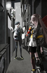 Rule 34 | 404, 404 (girls&#039; frontline), absurdres, alley, ammunition pouch, angry, arm up, armband, arms up, assault rifle, asymmetrical legwear, beret, black footwear, black headwear, black jacket, black legwear, black skirt, boots, building, candy, cigarette, coat, combat boots, commentary, cross hair ornament, eating, facial mark, facial tattoo, food, g11 (girls&#039; frontline), girls&#039; frontline, gloves, goggles, unworn goggles, green coat, green headwear, green jacket, grey hair, gun, h&amp;k g11, h&amp;k hk416, hair ornament, hands up, hat, highres, hk416 (girls&#039; frontline), holding, holding weapon, http status code, jacket, kanoe (kanoe502), knee guards, lamppost, leaning, leaning forward, lights, lollipop, long coat, long hair, looking at viewer, loose clothes, loose shirt, mechanical arms, miniskirt, necktie, one eye closed, one eye covered, open clothes, open jacket, outdoors, pantyhose, parted lips, pipeline, ponytail, pouch, purple scarf, rifle, scar, scar across eye, scar on face, scarf, shadow, shirt, side ponytail, signature, single mechanical arm, skirt, skyscraper, smoking, standing, strap, tattoo, teardrop, thigh strap, thighhighs, tube, ump45 (girls&#039; frontline), ump45 (mod3) (girls&#039; frontline), uneven legwear, urban, very long hair, weapon, white gloves, white hair, white shirt, yellow neckwear, zettai ryouiki