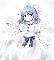 Rule 34 | 1girl, angel wings, bad id, bad pixiv id, black bow, black ribbon, black sash, blue eyes, blue hair, blush, bow, buttons, chisen maimai, closed mouth, commentary request, dress, feathered wings, frilled sleeves, frills, hair bow, highres, looking at viewer, mai (touhou), ribbon, sash, short hair, short sleeves, smile, snowflakes, touhou, touhou (pc-98), white bow, white dress, white wings, wings