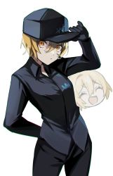 Rule 34 | 1girl, arm behind back, blonde hair, blue shirt, closed mouth, don quixote (project moon), closed eyes, hand on headwear, hat, highres, limbus company, logo, long sleeves, mu46016419, open mouth, orange eyes, pants, project moon, shirt, short hair, white background
