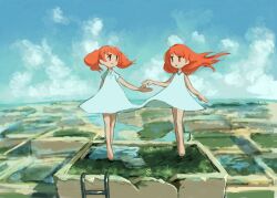 Rule 34 | 2girls, ahoge, bare legs, barefoot, buttons, closed mouth, collared dress, commentary request, dress, floating hair, grass, highres, kezuru, ladder, long hair, multiple girls, no sclera, orange hair, original, outdoors, parted lips, red eyes, short sleeves, sketch, sky, sleeveless, sleeveless dress, smile, tiptoes, twintails, white dress, wind, | |