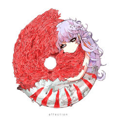 Rule 34 | 1girl, black eyes, english text, expressionless, folded, food, long hair, looking at viewer, meat, original, pale skin, personification, purple hair, sea anemone, simple background, solo, sparkle, terada tera, white background