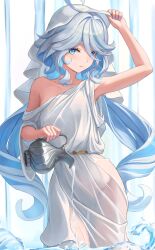 Rule 34 | 1girl, absurdres, ahoge, alternate costume, blue eyes, blue hair, blue nails, blush, collarbone, cowboy shot, dress, fingernails, furina (genshin impact), genshin impact, hair between eyes, hamstarhand, heterochromia, highres, holding, light blue hair, long hair, looking at viewer, multicolored hair, nail polish, parted lips, see-through, sidelocks, smile, solo, standing, streaked hair, thighs, two-tone hair, veil, wading, water