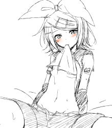 Rule 34 | arm tattoo, arms behind back, blush, bow, breasts, cameltoe, clothes lift, detached sleeves, greyscale, groin, hair bow, hair ornament, hairclip, kagamine rin, midriff, monochrome, mouth hold, navel, open fly, sailor collar, sexually suggestive, shirt lift, short hair, shorts, sitting, sketch, solo, spread legs, sudachi (calendar), sweatdrop, tattoo, underboob, unzipped, vocaloid