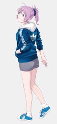 Rule 34 | 1girl, absurdres, adidas, ahoge, alternate costume, aoba (kancolle), blue eyes, blue footwear, blue jacket, blue scrunchie, from behind, full body, grey background, grey shorts, hair ornament, hair scrunchie, hand in pocket, highres, hood, hooded jacket, hoodie, jacket, kantai collection, logo, looking at viewer, messy hair, ojipon, pink hair, ponytail, purple hair, scrunchie, shoes, shorts, simple background, sneakers, solo