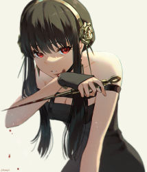 Rule 34 | 1girl, bare shoulders, black dress, black gloves, blood, blood on face, bloody weapon, breasts, champi, cleavage, dagger, dress, fingerless gloves, flower, gloves, gold hairband, hair flower, hair ornament, hairband, highres, holding, holding dagger, holding knife, holding weapon, knife, leaning forward, looking at viewer, medium breasts, parted lips, red eyes, reverse grip, rose, solo, spikes, spy x family, upper body, weapon, white background, wiping face, yor briar