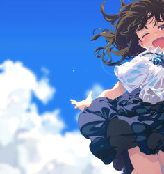Rule 34 | 1girl, blue bow, blue bowtie, blue eyes, blue skirt, blue sky, blush, bow, bowtie, brown hair, cloud, cloudy sky, commentary request, day, long hair, looking at viewer, ogipote, one eye closed, open mouth, original, outdoors, pleated skirt, school uniform, shirt, short sleeves, skirt, sky, smile, solo, striped bow, striped bowtie, striped clothes, striped neckwear, white shirt