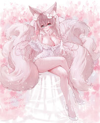 Rule 34 | 1girl, :d, absurdres, animal ears, breasts, brown hair, cleavage, commentary request, commission, dress, fox ears, fox girl, fox tail, full body, green eyes, hair between eyes, high heels, highres, kitsune, large breasts, long hair, long sleeves, off-shoulder dress, off shoulder, open mouth, original, plushmallow, puffy long sleeves, puffy sleeves, shoes, sitting, sleeves past wrists, smile, solo, tail, tandohark, twitter username, very long hair, white dress, white footwear