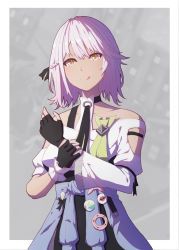 Rule 34 | 1girl, bare shoulders, black gloves, black shorts, blue jacket, border, carole peppers, closed mouth, clothes around waist, dark-skinned female, dark skin, gloves, grey background, highres, honkai (series), honkai impact 3rd, jacket, jacket around waist, long sleeves, looking at viewer, shirt, short hair, shorts, smile, solo, tongue, tongue out, white border, white hair, white shirt, yang zheng yu, yellow eyes