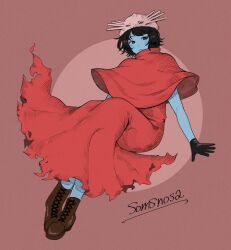 Rule 34 | 1girl, black footwear, black gloves, black hair, blue skin, boots, capelet, character name, circle, colored skin, dress, fake horns, full body, gloves, highres, horned headwear, horns, hylics, potepotekosam, red capelet, red dress, short hair, solo, somsnosa, torn clothes, torn dress