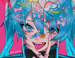 Rule 34 | 1girl, bandaid, bandaid on face, bandaid on nose, black jacket, blue eyes, blue hair, blue stripes, blush, commentary, crossed bandaids, fangs, fangs out, hair between eyes, hair ornament, hairclip, hand on own face, hatsune miku, headphones, heart, heart-shaped pupils, heart hair ornament, jacket, jewelry, long hair, looking at viewer, miku day, number tattoo, ornate ring, piercing, pink background, portrait, rainbow hair ornament, ring, sidelocks, solo, spring onion, star (symbol), star hair ornament, striped clothes, striped jacket, symbol-only commentary, symbol-shaped pupils, tattoo, temu (tem27), tongue, tongue out, tongue piercing, twitter username, v over mouth, very long hair, vocaloid