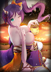 Rule 34 | 1girl, absurdres, alternate hairstyle, blush, bow, breasts, cleavage, closed mouth, costume, finger to mouth, green eyes, gxdy, hair bow, halloween, halloween costume, highres, horns, large breasts, long hair, looking at viewer, love live!, love live! school idol project, no bra, one eye closed, orange bow, pumpkin, purple hair, shushing, side ponytail, solo, sparkle, thighhighs, thighs, tojo nozomi, wink