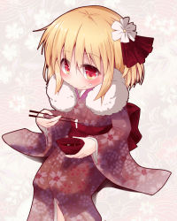 Rule 34 | 1girl, alternate costume, blonde hair, bowl, chopsticks, eating, floral print, flower, food, food on head, hair flower, hair ornament, hair ribbon, japanese clothes, kimono, long sleeves, looking at viewer, object on head, razy (skuroko), red eyes, ribbon, rumia, sash, sitting, smile, solo, touhou, wide sleeves