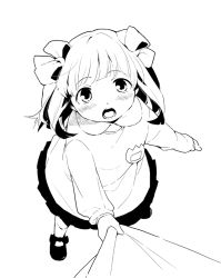 Rule 34 | 1girl, aged down, amami haruka, blush, child, clothes grab, clothes pull, clothing clutch, face, from above, greyscale, idolmaster, idolmaster (classic), kindergarten, kindergarten uniform, looking at viewer, monochrome, name tag, nogoodlife, open mouth, pov, pull, ribbon, shirt pull, short hair, simple background, solo, white background
