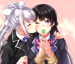 Rule 34 | 2girls, black hair, black jacket, blazer, bow, braid, closed eyes, clover, commentary request, dated, four-leaf clover, hair bow, hair ornament, hairclip, hand on another&#039;s shoulder, highres, higuchi kaede, higuchi kaede (1st costume), jacket, kiss, kiss day, kissing cheek, mole, mole under eye, multiple girls, necktie, nijisanji, one eye closed, own hands together, pink background, pink bow, pink neckwear, plaid, ponytail, purple eyes, purple neckwear, school uniform, shashaki, silver hair, sweater, tsukino mito, tsukino mito (1st costume), virtual youtuber, white bow, yuri