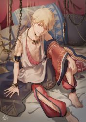 Rule 34 | 1boy, arabian clothes, barefoot, blonde hair, earrings, fate/grand order, fate (series), gilgamesh (fate), gilgamesh (caster) (fate), jewelry, looking at viewer, male focus, necklace, parted lips, red eyes, short hair, smile, solo, takashi (huzakenna)