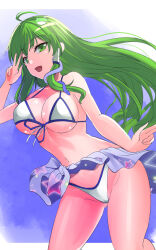 Rule 34 | 1girl, :d, adapted costume, ahoge, bad anatomy, bad perspective, bare shoulders, bikini, border, breasts, commentary request, feet out of frame, from below, green eyes, green hair, hand up, highres, kochiya sanae, large breasts, letterboxed, long hair, one-hour drawing challenge, open mouth, smile, solo, swimsuit, thighs, touhou, unaligned breasts, very long hair, w, white border, y2