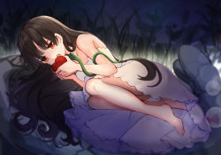 Rule 34 | 1girl, absurdres, apple, bare arms, bare shoulders, barefoot, black hair, commentary request, dress, fang, food, fruit, highres, holding, holding food, holding fruit, hoshi lingdang, long hair, looking at viewer, lying, on side, open mouth, original, red apple, red eyes, solo, strapless, strapless dress, very long hair, white dress