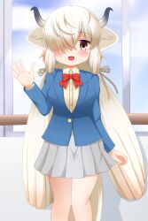 Rule 34 | 1girl, :d, absurdres, animal ear fluff, animal ears, blazer, blue jacket, blue sky, blush, bow, breasts, brown eyes, brown shirt, cloud, collared shirt, commentary request, day, dress shirt, feet out of frame, grey skirt, hair over one eye, hand up, highres, horns, indoors, jacket, kemono friends, long hair, long sleeves, looking at viewer, low twintails, medium breasts, open mouth, ox ears, ox girl, ox horns, pleated skirt, red bow, school uniform, shin01571, shirt, skirt, sky, smile, solo, twintails, very long hair, white hair, window, yak (kemono friends)